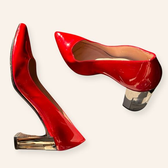 Stuart Weitzman Red Patent Leather Lucite Heels | 6.5 - Picture 1 of 9